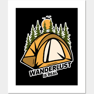 Wanderlust Is Real - Tent in Forest With Black Text Design Posters and Art